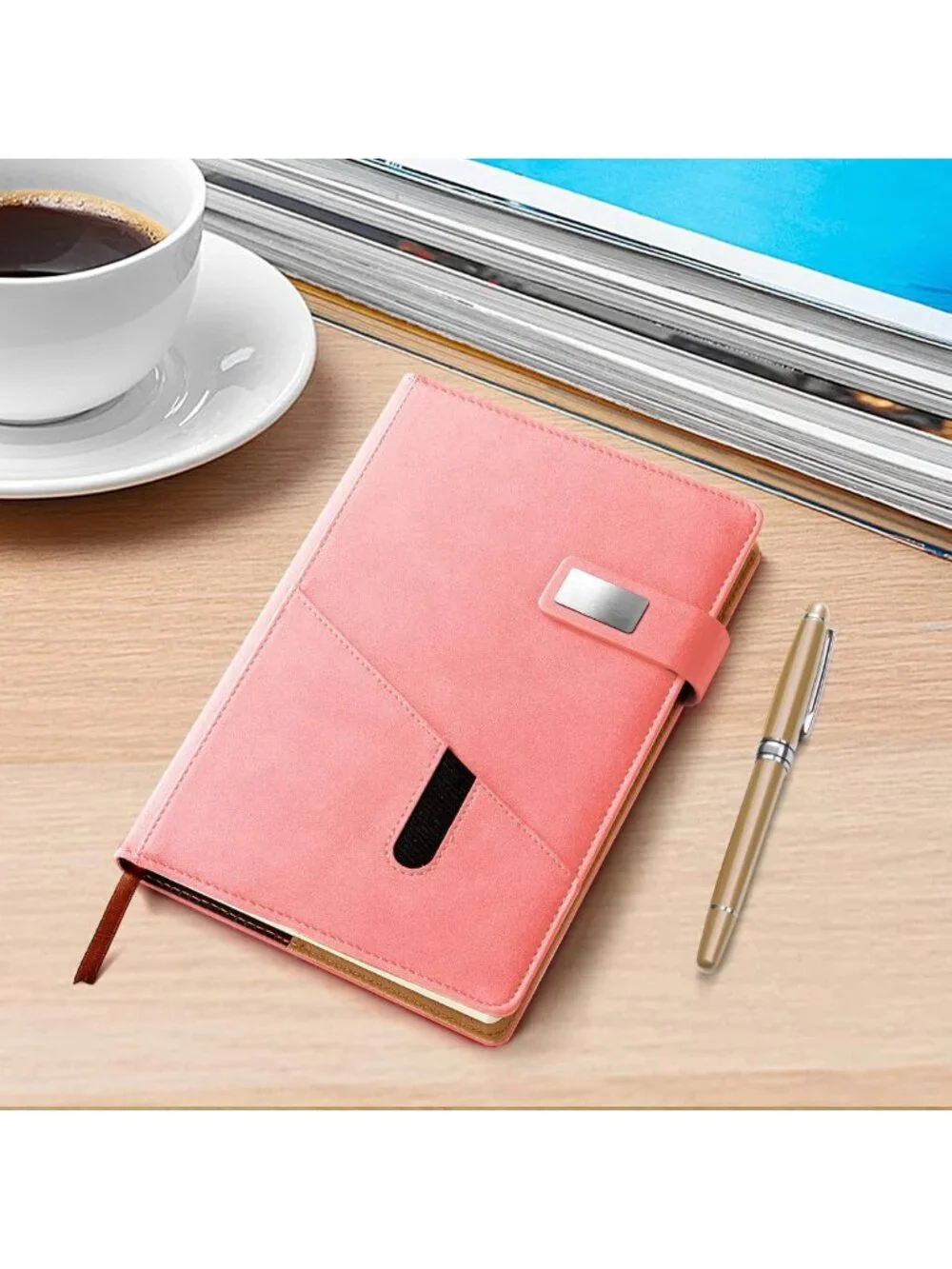 Refillable A5 Leather Journal with Pen, 240 Pages, Pocket & Magnetic Closure